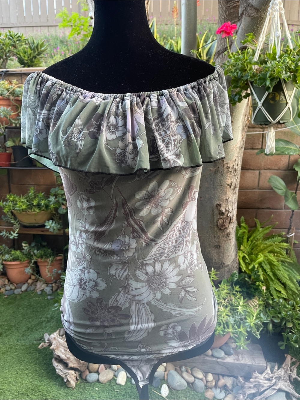 Off-Shoulder Floral Ruffle Women’s Top in Sage Green